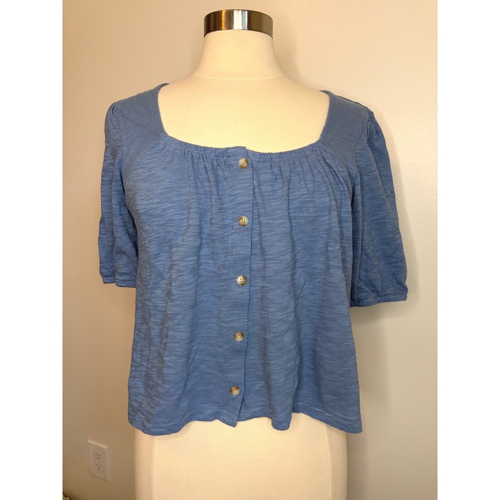 UpWest Blue Slub Knit Cotton Square Neck Button Babydoll Peplum Top Womens M
